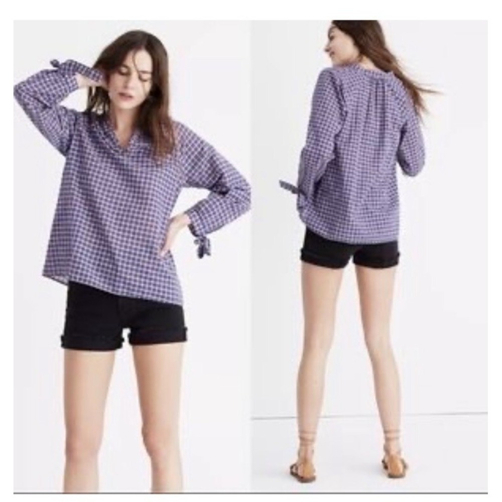 Madewell Tie Sleeve Popover Top Whitby Plaid Large Blue Red White Cotton Linen